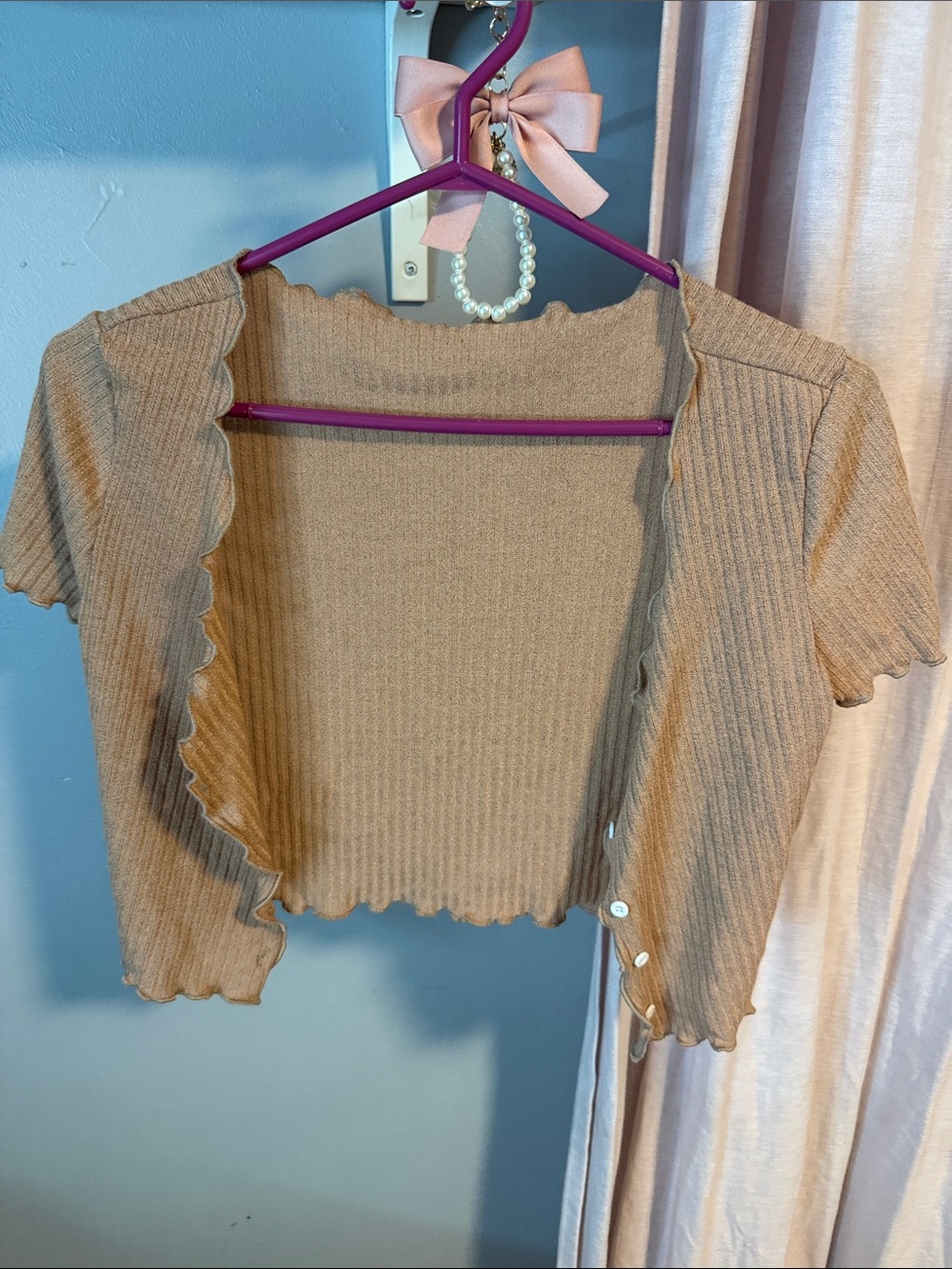 Princess Polly Tan Ribbed Scallop-Edge Crop Cardigan
